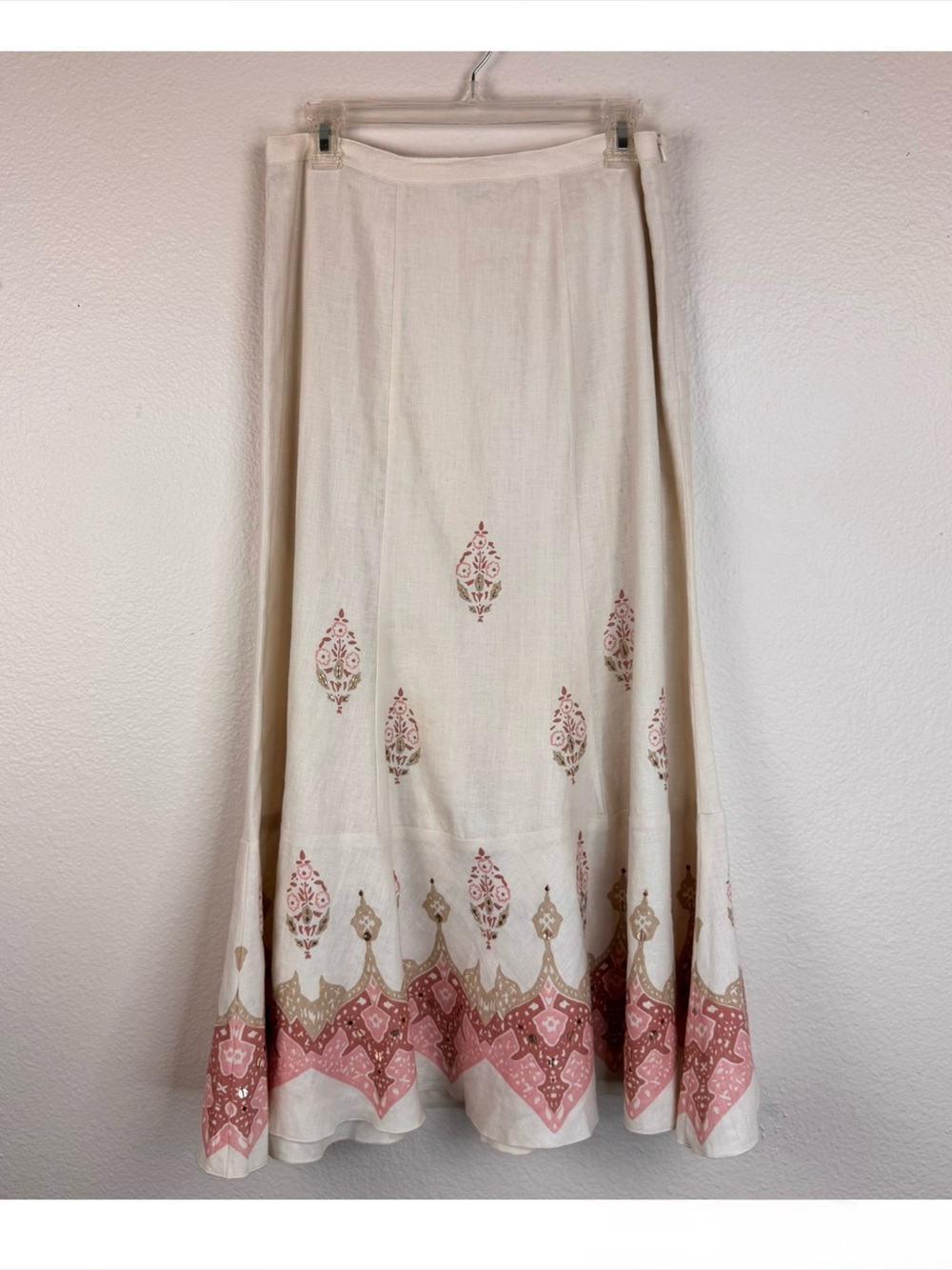 Vintage Y2K Karen Kane 100% Linen Low Rise Maxi Skirt Floral Boho Cream Pink 4